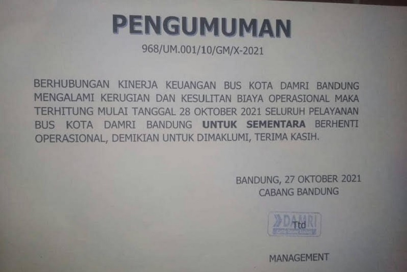8 Rute DAMRI Bandung Berhenti Beroperasi Mulai Hari Ini