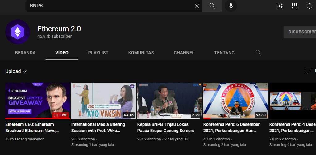 Akun YouTube BNPB Indonesia Berubah Nama Jadi Ethereum 2.0