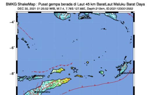 Gempa Magnitudo 7,4 Guncang Maluku Barat Daya, Terasa Hingga Australia